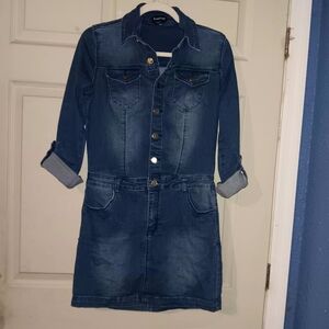 Bebe Denim Button-Up Mini Dress Pockets Roll Up Button Sleeves Sz 29